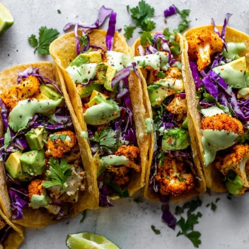 Delicious Cauliflower Tacos topped with creamy avocado sauce on a plate