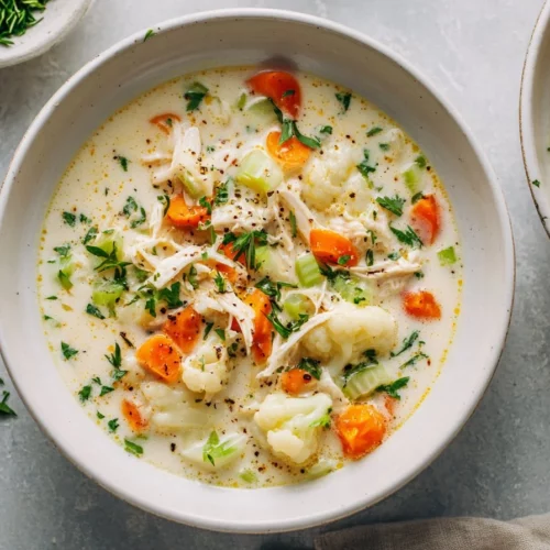 Bowl of Chicken and Cauliflower Soup garnished with herbs
