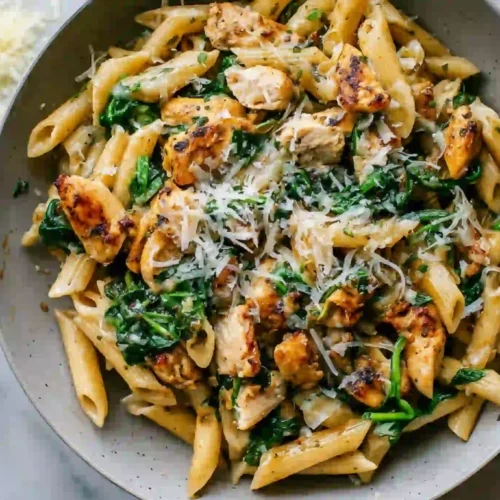 chicken spinach skillet penne pasta with parmesan cheese in bowl