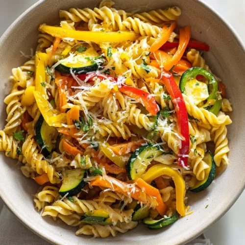 Colorful bowl of easy chickpea pasta primavera with fresh vegetables