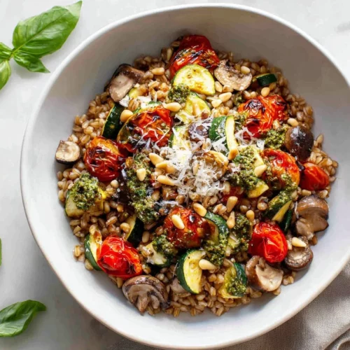 Delicious farro dish topped with blistered tomatoes and fresh pesto