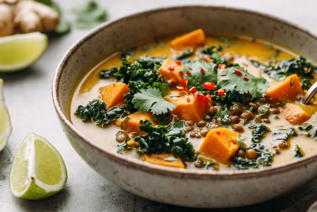 Ginger Sweet Potato Stew with coconut milk, lentils, and kale served in a bowl.