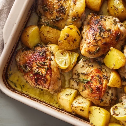 Delicious Greek Lemon Chicken with Potatoes, garnished with fresh herbs.