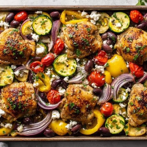 Greek Sheet Pan Chicken Dinner with colorful vegetables and spices
