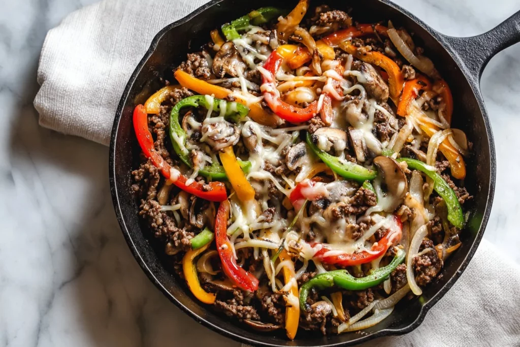Ground Beef Philly Cheesesteak served in a toasted roll with melted cheese