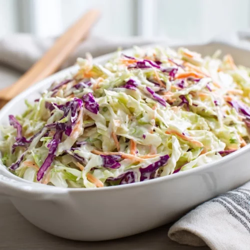 Healthy no mayo coleslaw served in a bowl with vibrant vegetables.