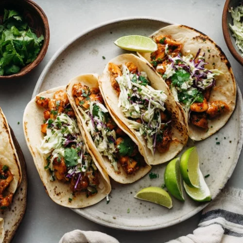 Delicious Honey Garlic Chicken Tacos served with fresh toppings