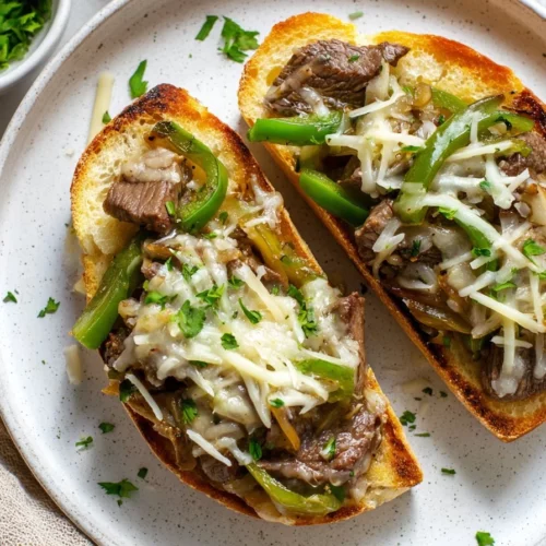 Open faced steak sandwiches with toppings on a rustic plate