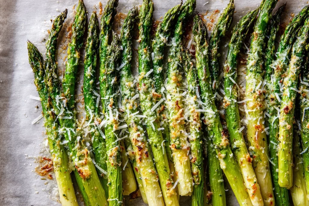 Oven baked asparagus with garlic and parmesan on a white plate