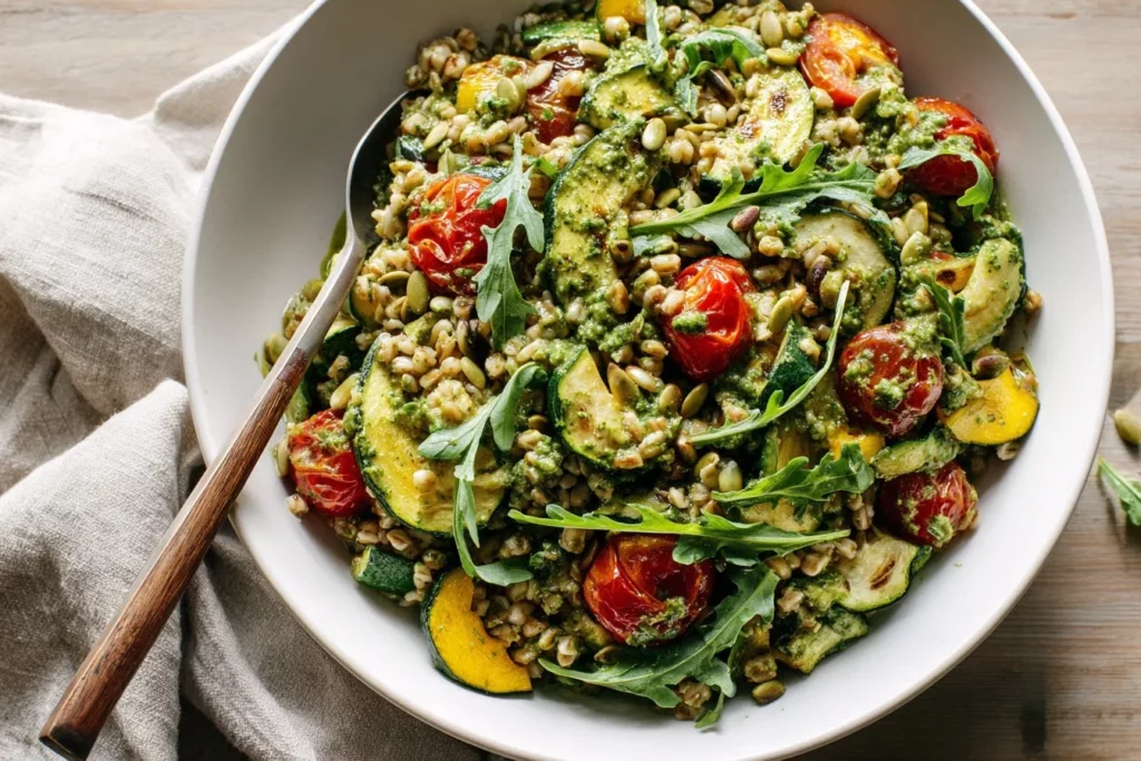 Pesto farro salad topped with roasted summer vegetables in a bowl.