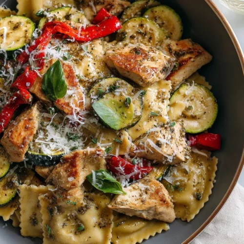 Delicious Pesto Ravioli with Chicken served in a creamy sauce