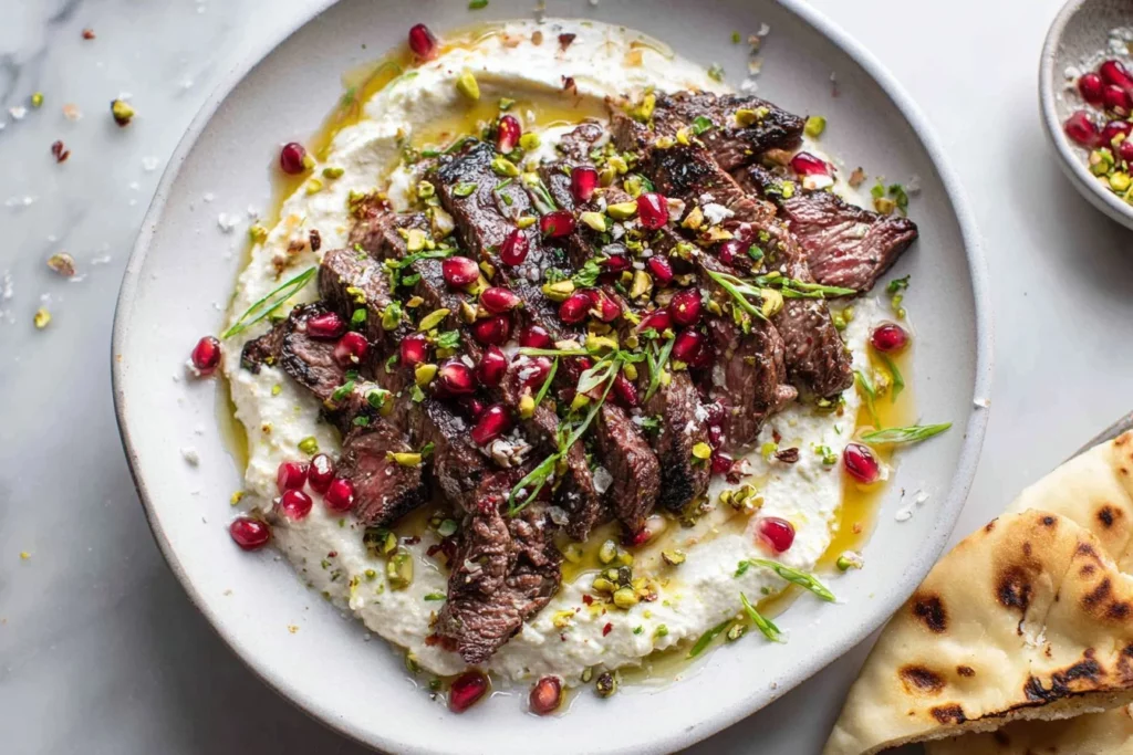 Pomegranate skirt steak garnished with whipped feta for a gourmet meal.