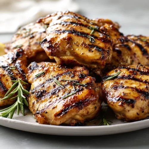 Delicious grilled lemon chicken thighs on a plate with fresh herbs.
