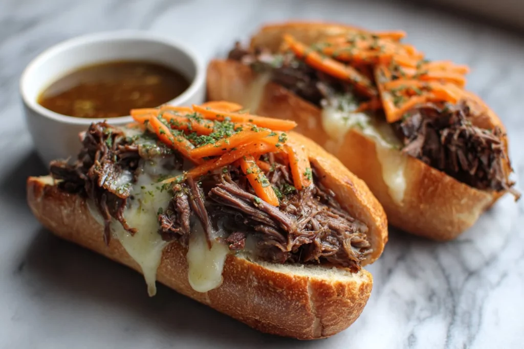 Delicious roast beef sandwich with fresh toppings on a wooden board