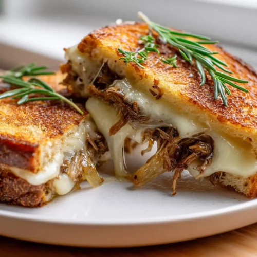 Rustic pot roast French onion grilled cheese sandwich with melted cheese