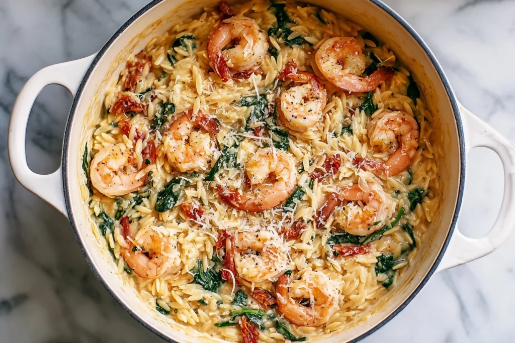 Delicious shrimp orzo dish cooked in one pan for a quick meal.