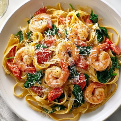 Shrimp pasta with tomatoes and spinach in garlic butter sauce