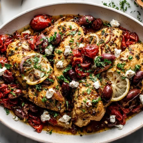 Delicious Slow Cooker Greek Chicken garnished with herbs and served with olives.
