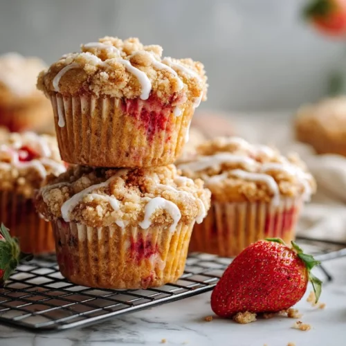 Freshly baked Strawberry Crumb Cake Muffins with a crumbly topping