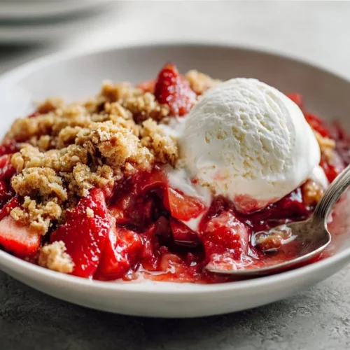 Delicious Strawberry Rhubarb Crisp served in a rustic pie dish.