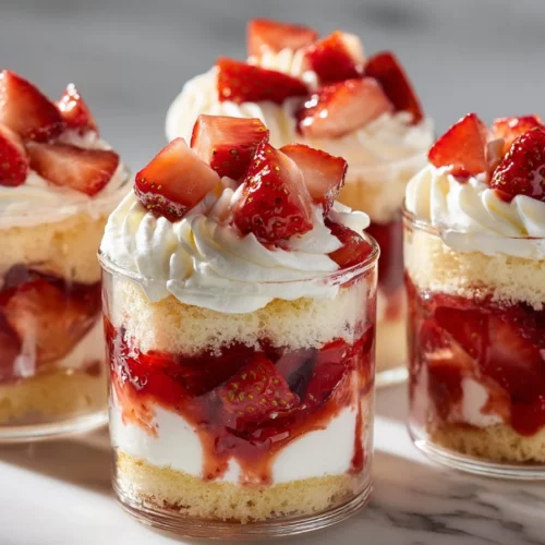Delicious strawberry shortcake dessert cups with fresh berries and whipped cream