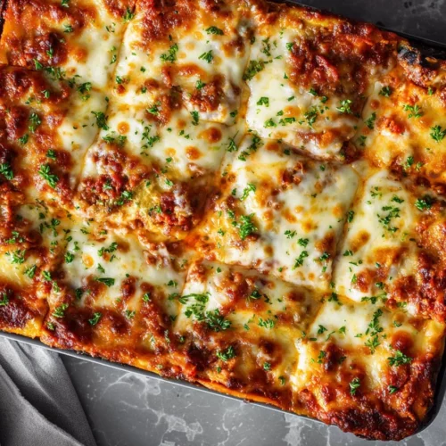 Delicious Turkey Eggplant Casserole garnished with herbs