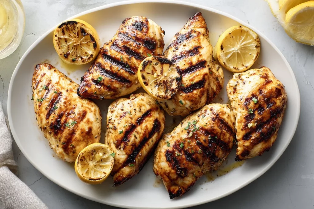 Lemon yogurt marinated grilled chicken breasts on a plate
