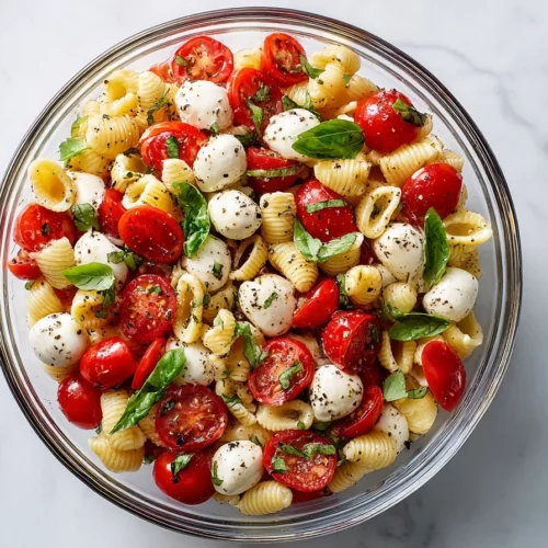 Delicious Caprese Pasta Salad with tomatoes, mozzarella, and fresh basil.