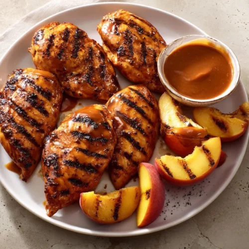 Chipotle Peach BBQ Chicken served on a grill with a delicious glaze