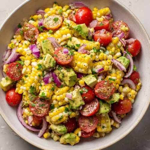 Freshly made Corn Tomato Avocado Salad served in a bowl with vibrant ingredients