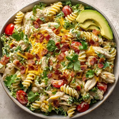 Creamy avocado ranch chicken pasta salad with colorful vegetables and pasta