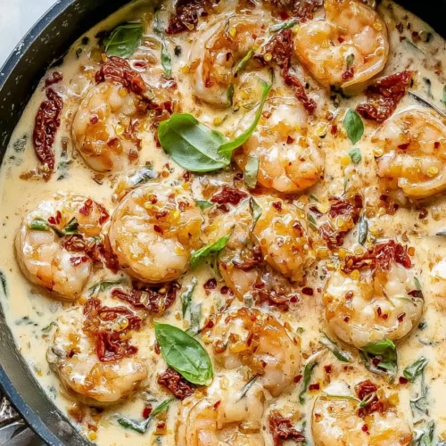 Served creamy Tuscan butter shrimp with herbs and spices on a plate.