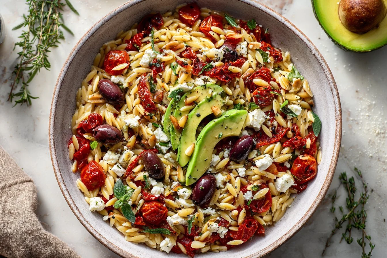 Greek Roasted Red Pepper Tomato Feta Orzo