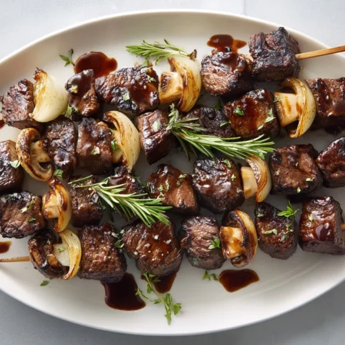 Grilled balsamic steak and mushroom kebabs served on a platter
