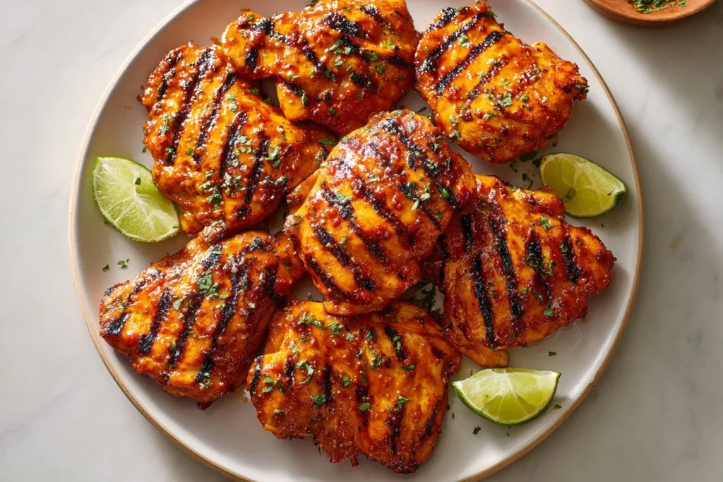 Grilled honey chipotle chicken garnished with fresh herbs