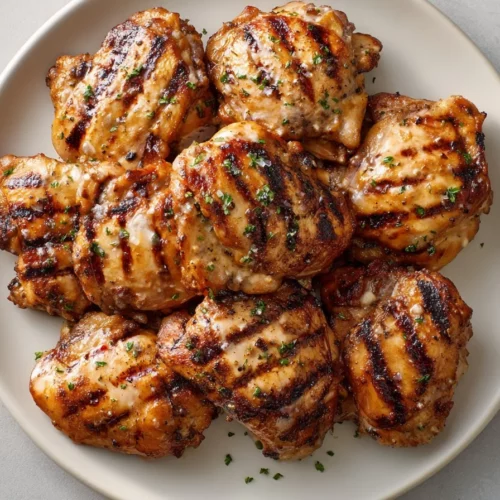 Ranch marinated grilled chicken on a serving platter with fresh herbs