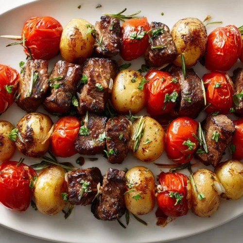 Rosemary garlic steak kebabs marinated with fresh herbs and spices