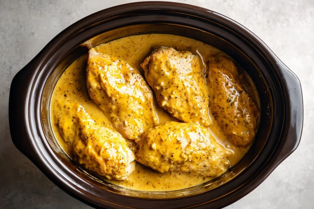 Slow cooker honey mustard chicken dish with a golden glaze and herbs