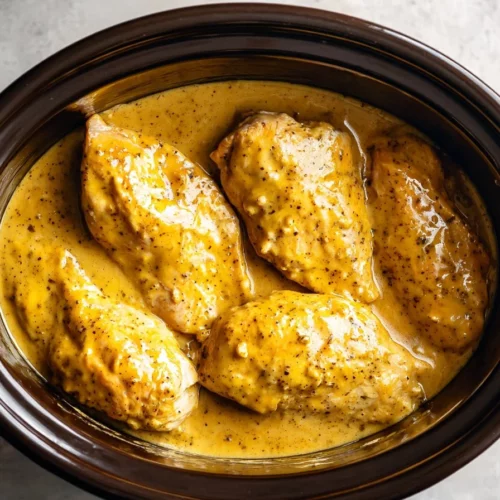 Slow cooker honey mustard chicken dish with a golden glaze and herbs