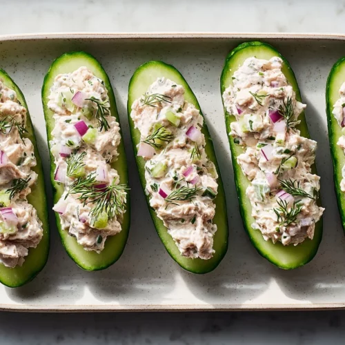 Healthy Tuna Cucumber Boats topped with creamy tuna salad and fresh herbs