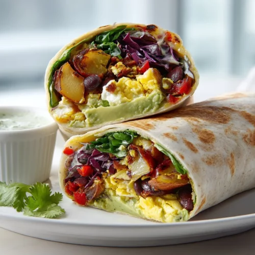 Delicious homemade breakfast burrito with eggs, cheese, and vegetables