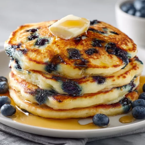 Old-Fashioned Buttermilk Blueberry Pancakes stacked with fresh blueberries