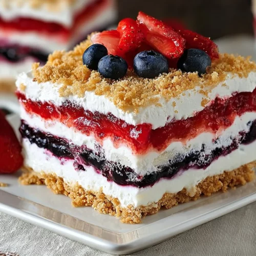 Delicious patriotic mixed berry dessert topped with whipped cream.
