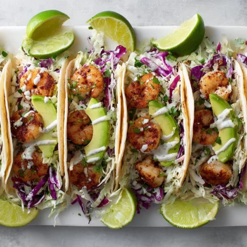 Delicious homemade shrimp tacos with fresh toppings and vibrant colors